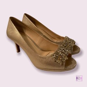 Alex Marie Gold Open Toe Pumps Size 9 with Embellishments
